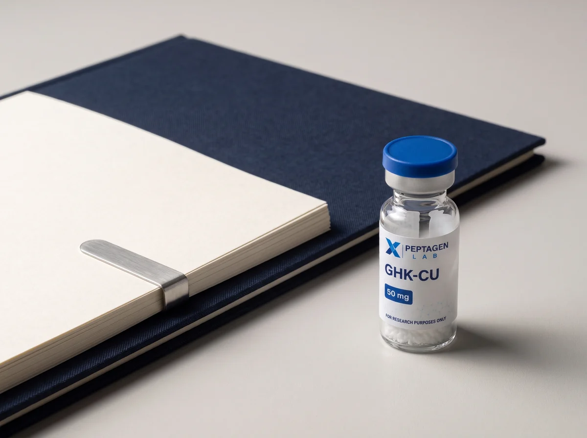 Peptagen GHK-Cu vial alongside a paper notebook and navy document folio