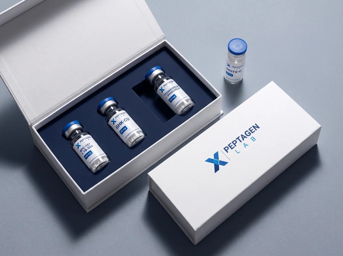 Peptagen presentation box with a navy insert and reference material vials